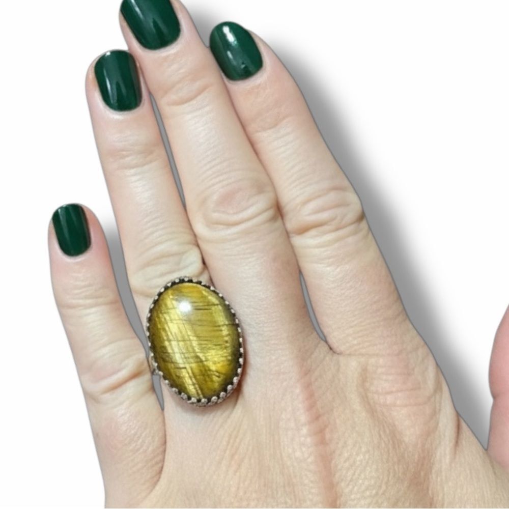 Sterling Silver Natural Tiger Eye Statement Ring - USA Handcrafted, Size 8 NWT